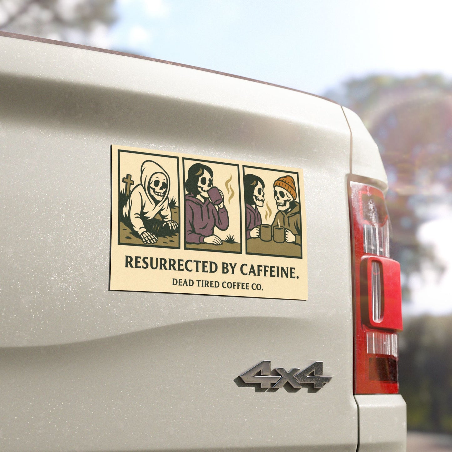 Coffee-Themed Car Magnets - Resurrected by Caffeine, Fun Auto Decor, Unique Gifts, Halloween, Coffee Lovers