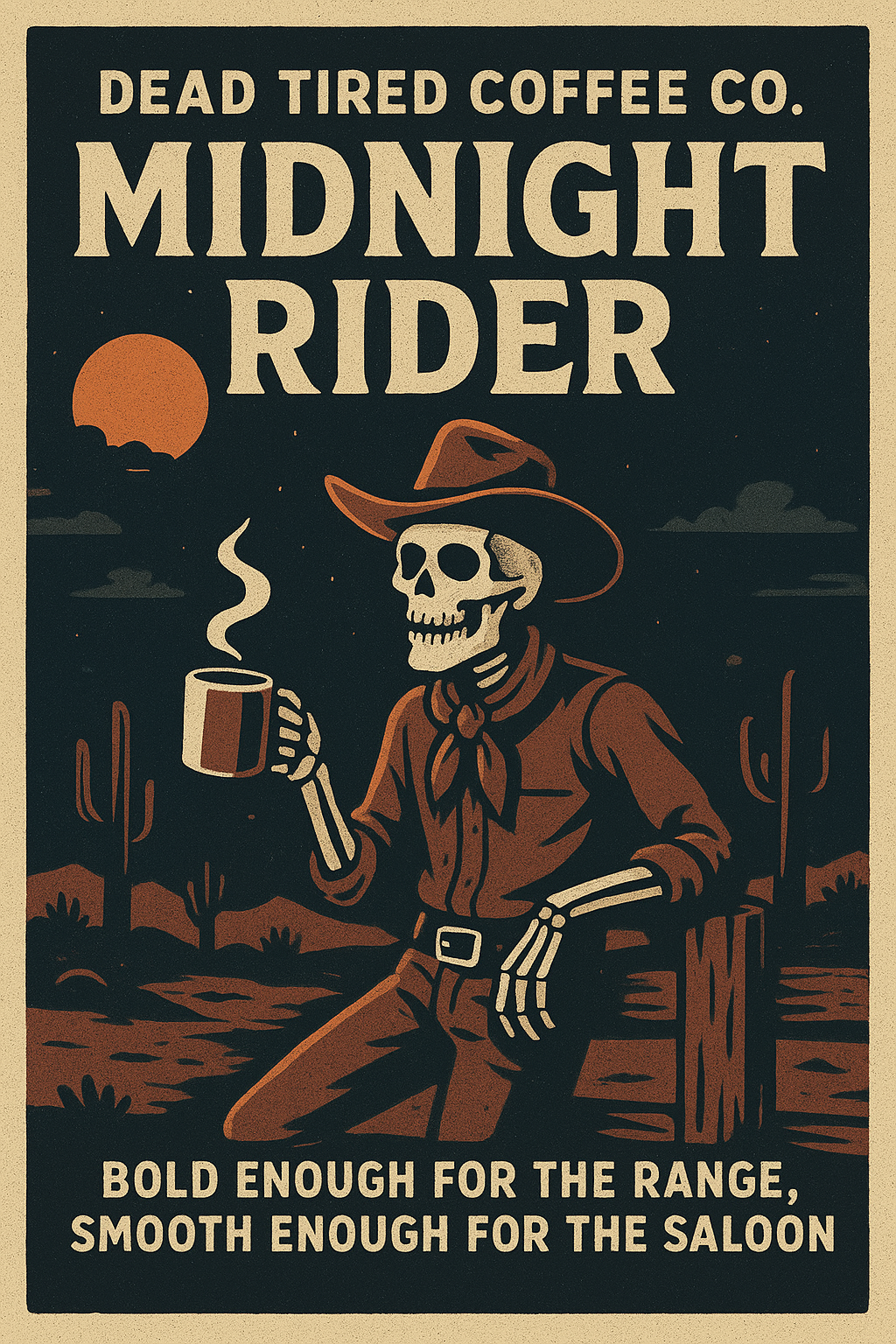 Vintage-style poster for Dead Tired Coffee Co. with skeleton in cowboy hat holding a coffee cup.