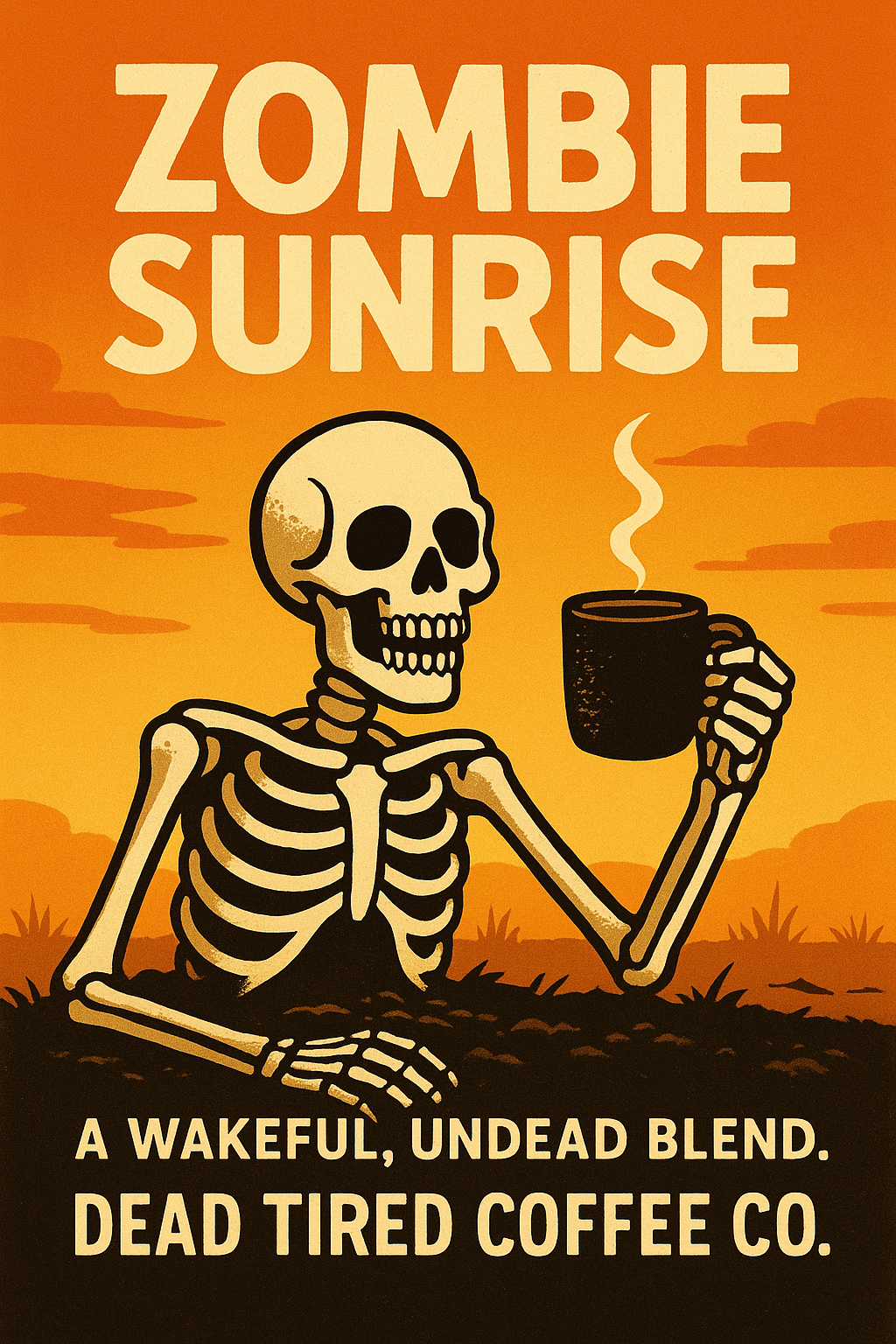 Skeleton holding a coffee mug with 'Zombie Sunrise' text on an orange background