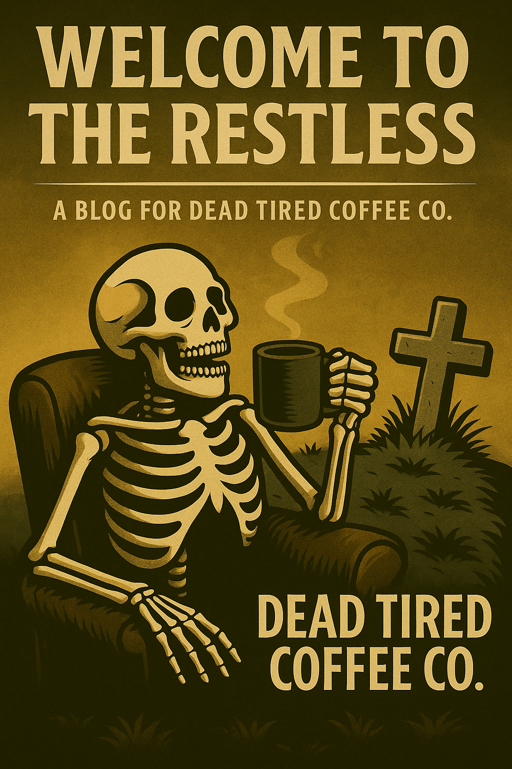 Vintage-style illustration of a skeleton hand holding a steaming coffee cup with the Dead Tired Coffee Co. skull logo. Warm spooky tones with bold lettering for a blog post header.