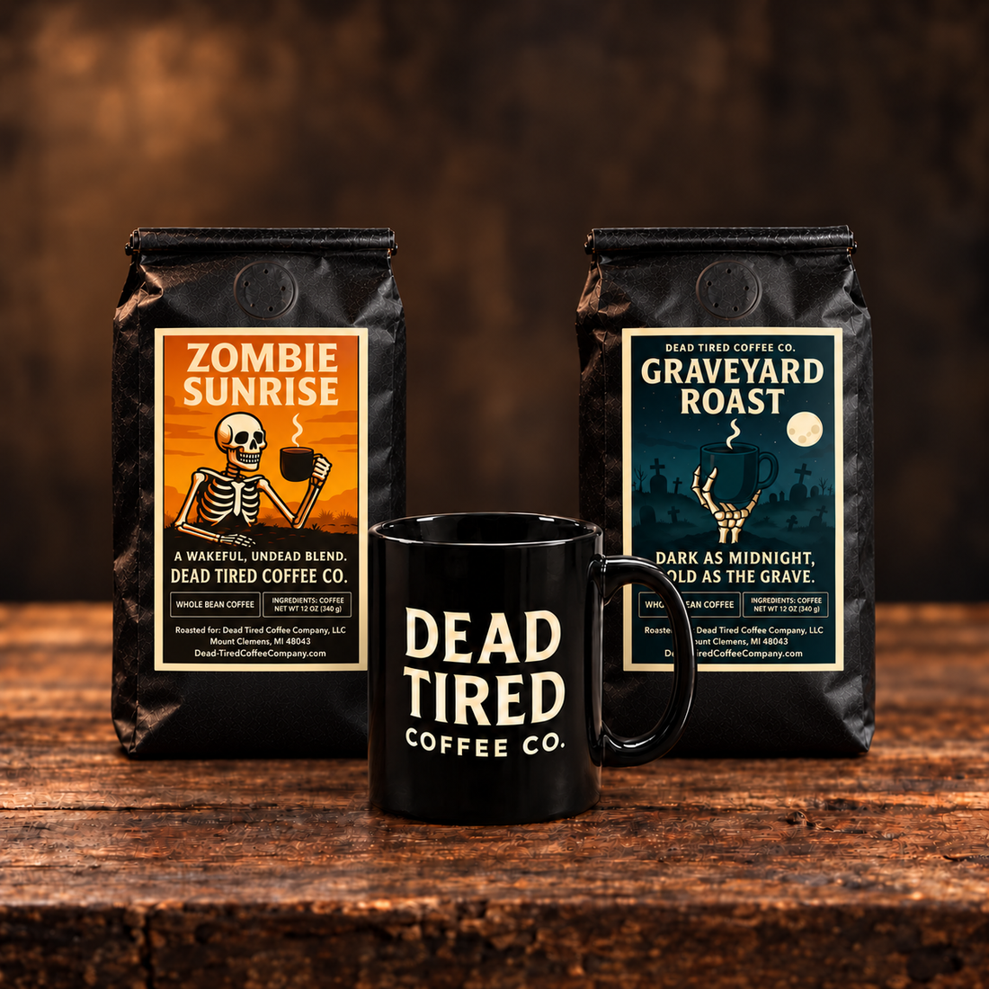 Dead Tired Coffee gift set with two coffee bags and a mug, one of four sets compared in this guide.