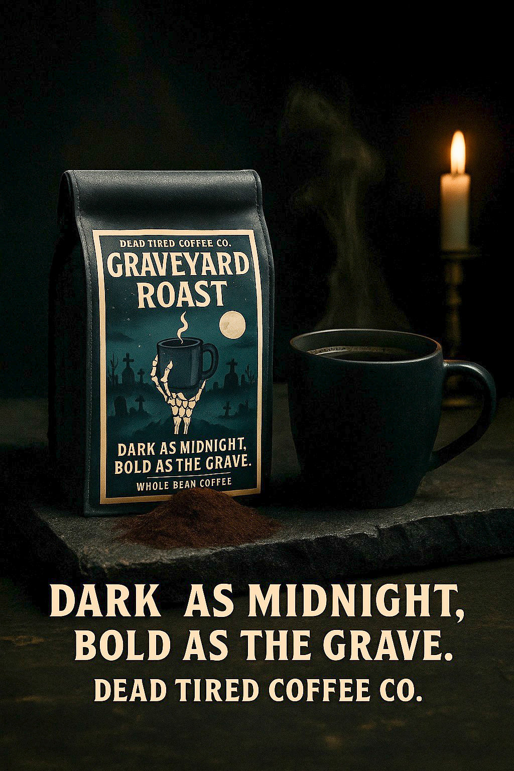 Graveyard Roast coffee bag with a dark cup on a dark background, featuring the Dead Tired Coffee Co. branding.