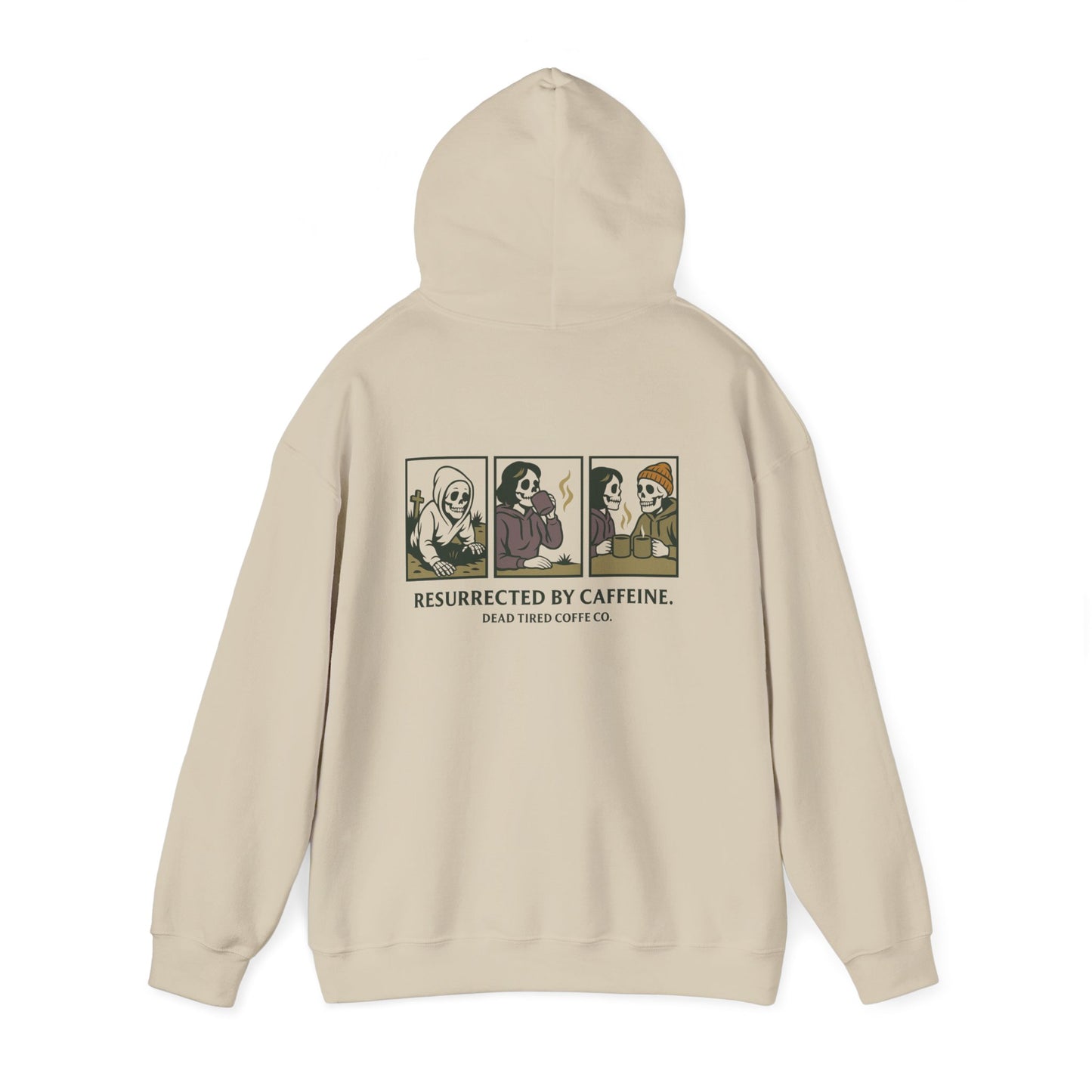 Beige hoodie with graphic design on the back on a white background