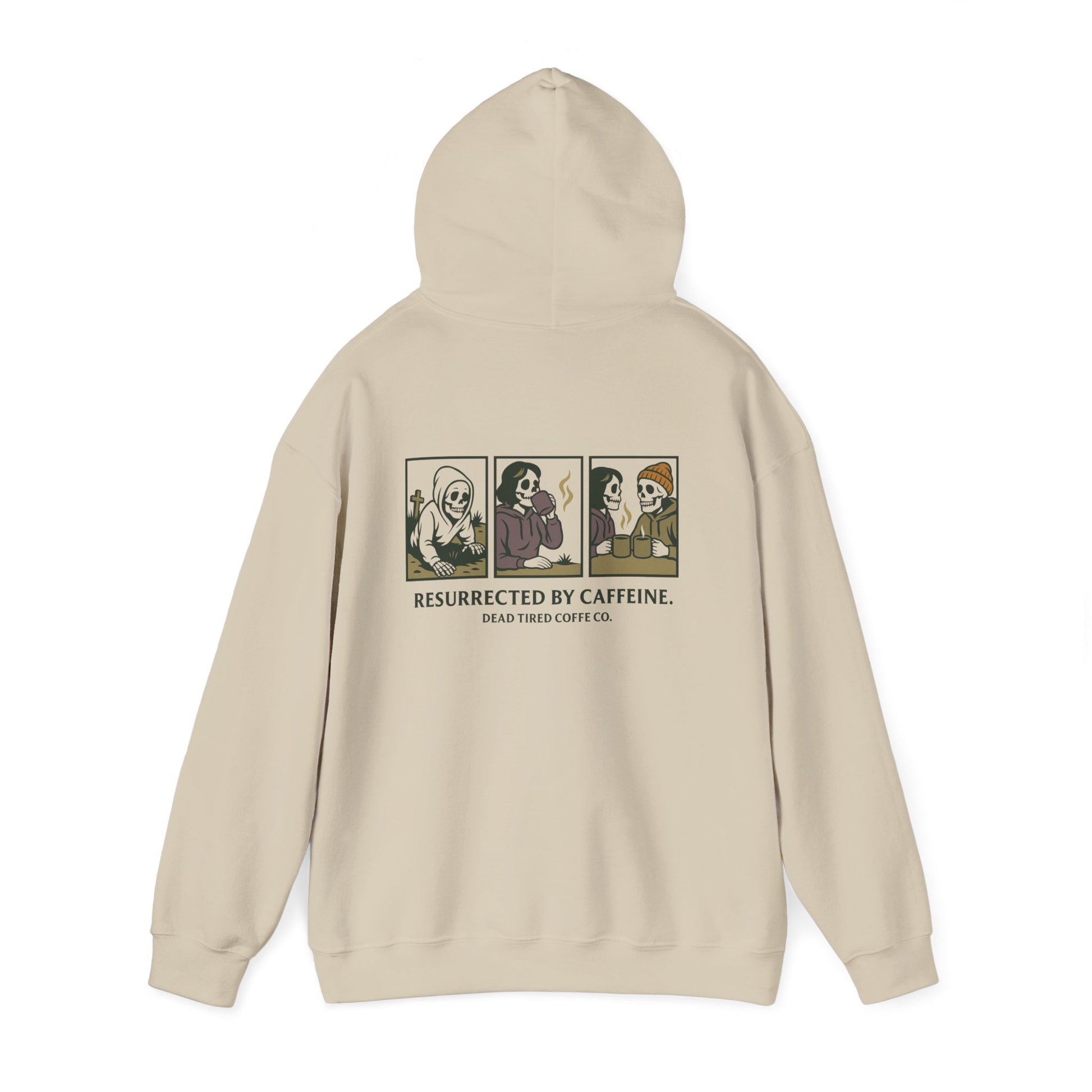Beige hoodie with graphic design on the back on a white background