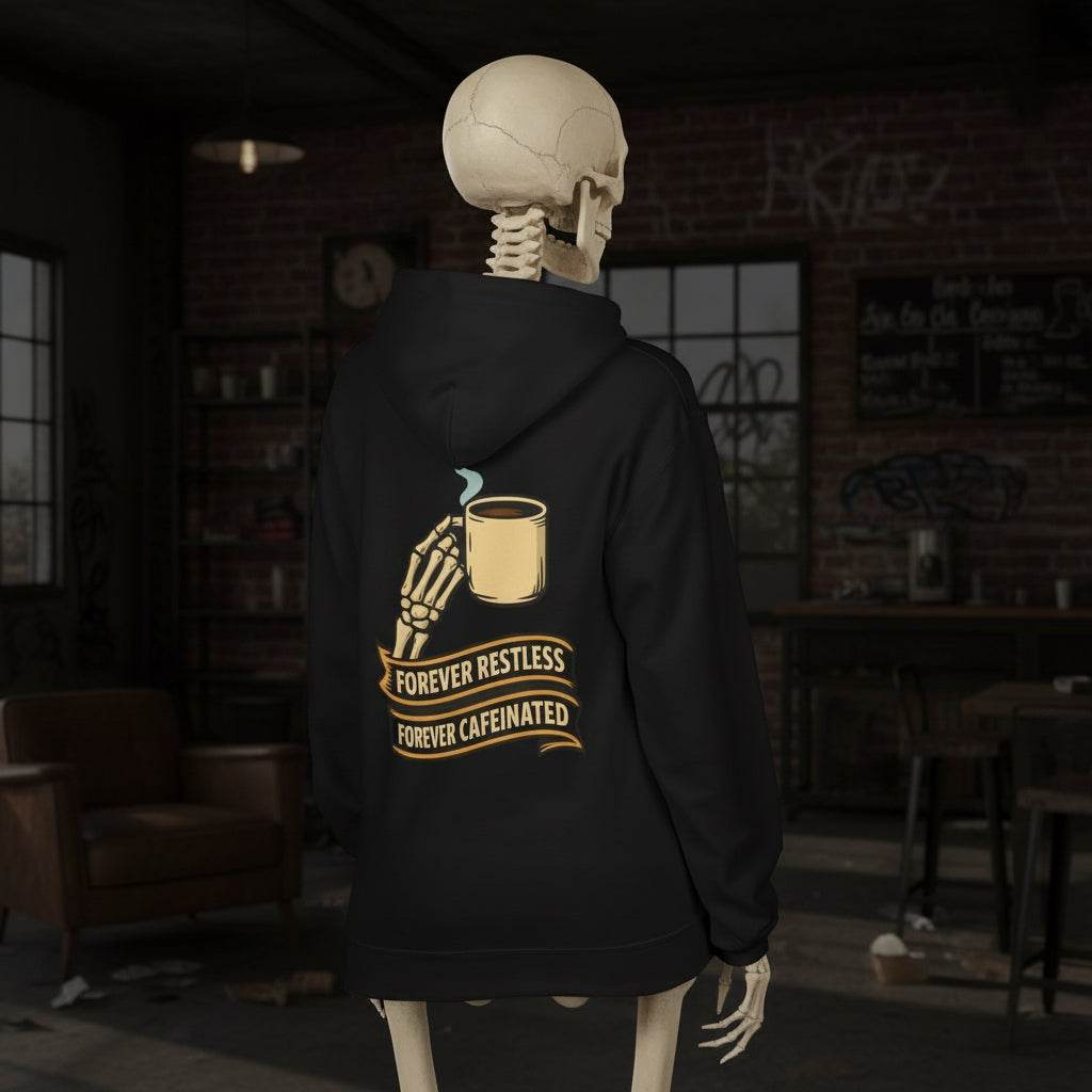 Forever Restless Forever Caffeinated Coffee Hoodie | Unisex Fleece Pullover for Coffee Lovers, Baristas & Caffeine Addicts