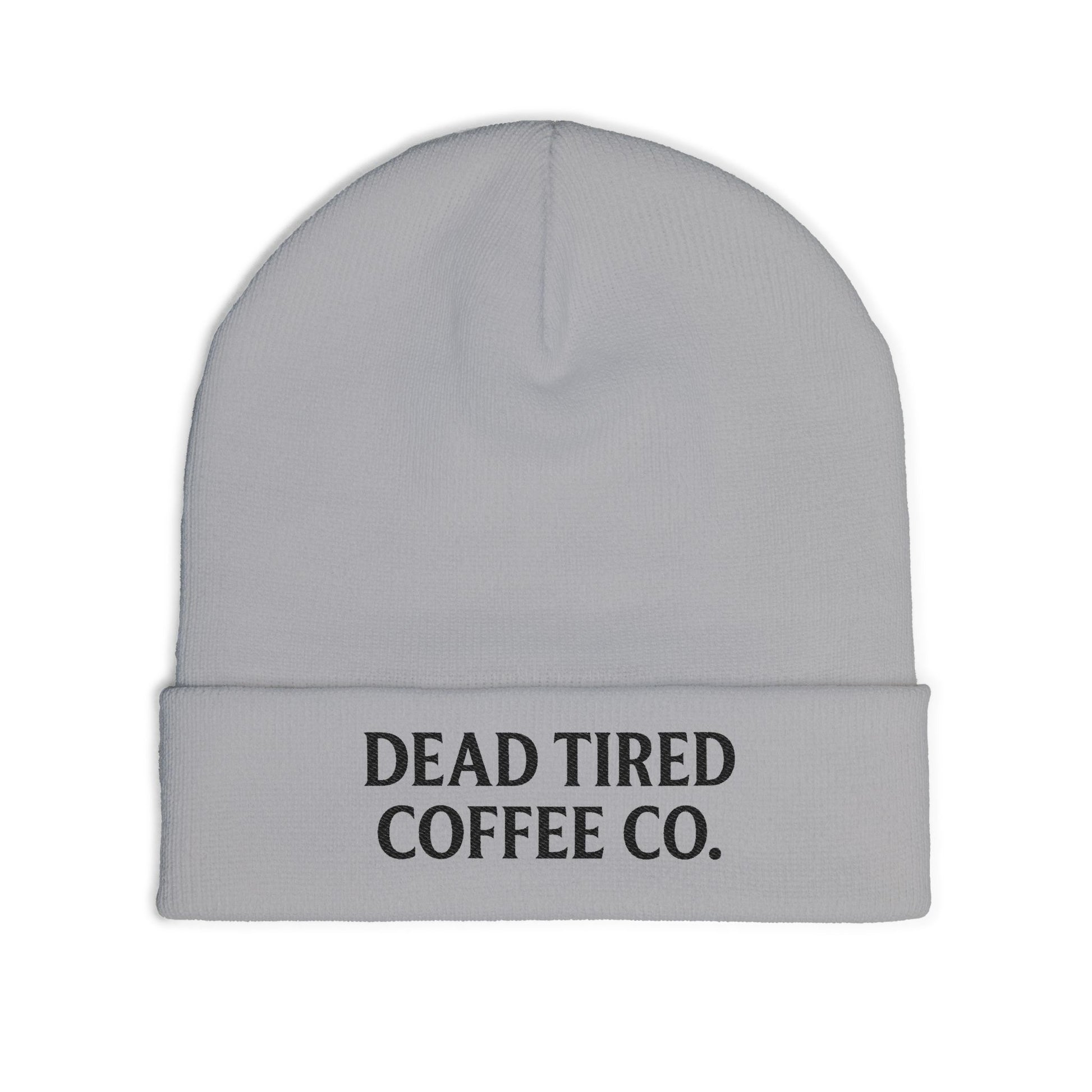 Gray beanie with 'DEAD TIRED COFFEE CO.' text on a white background
