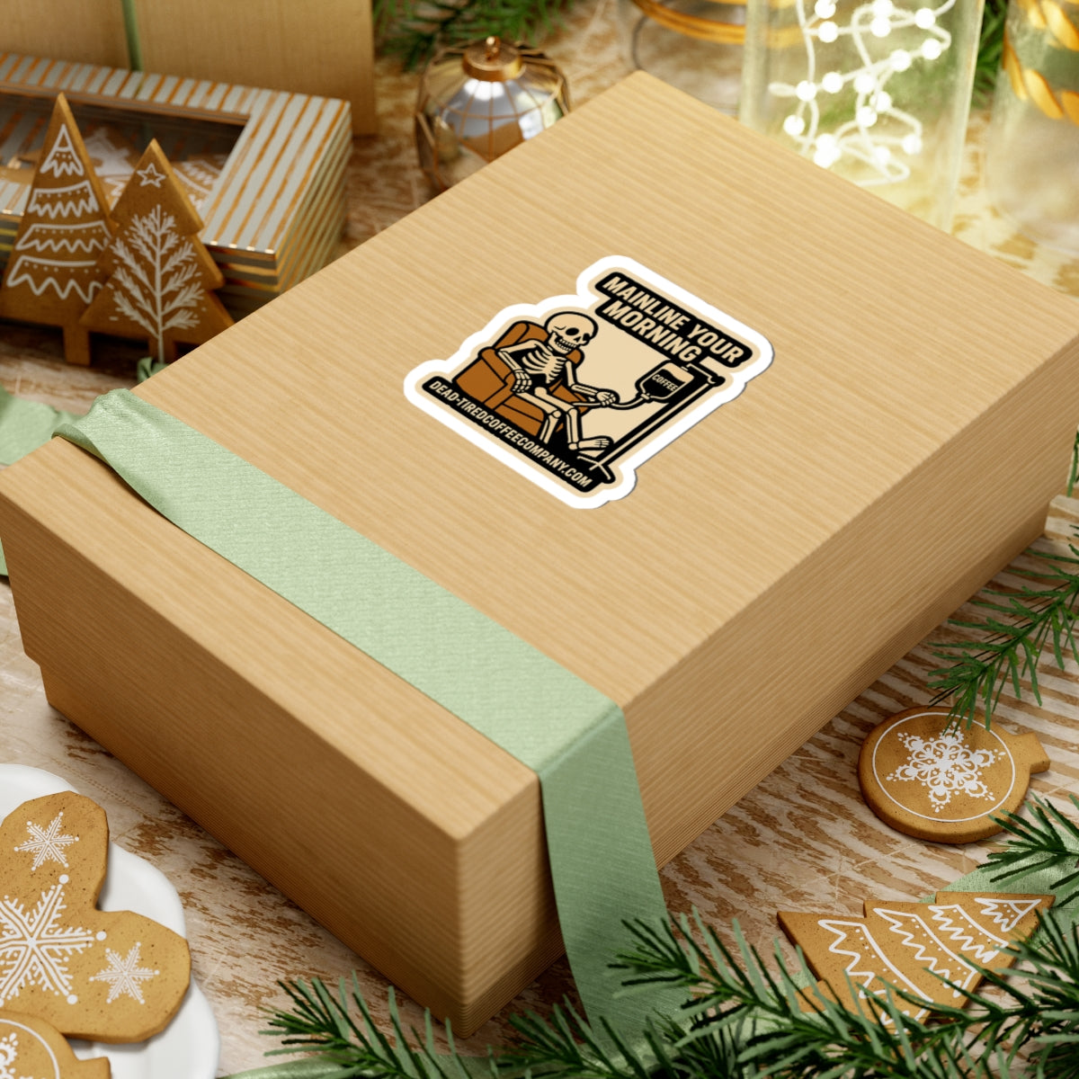 Wooden gift box with a decorative label on a festive background with cookies and lights