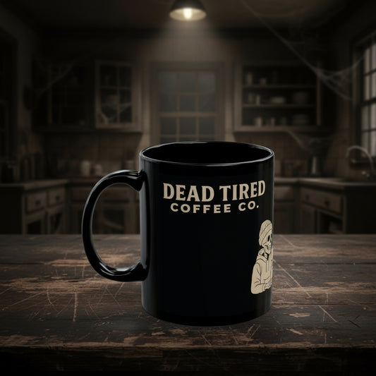 Dead Tired Coffee Ceramic Mug – 11oz Black Gothic Coffee Cup for Daily Rituals | Microwave & Dishwasher Safe Gift for Coffee Lovers