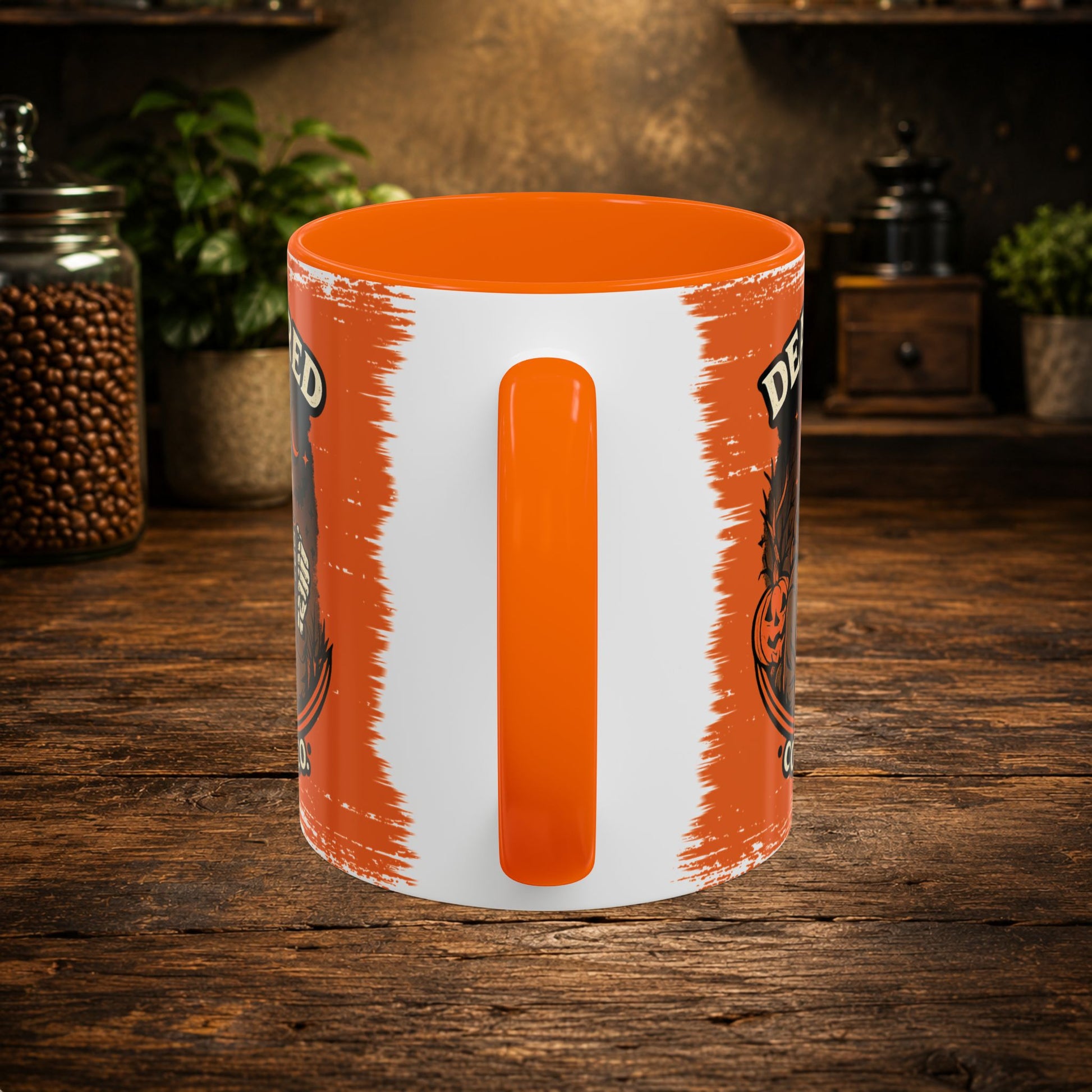 Dead Tired Skeleton Orange Accent Mug with original autumn skeleton artwork
