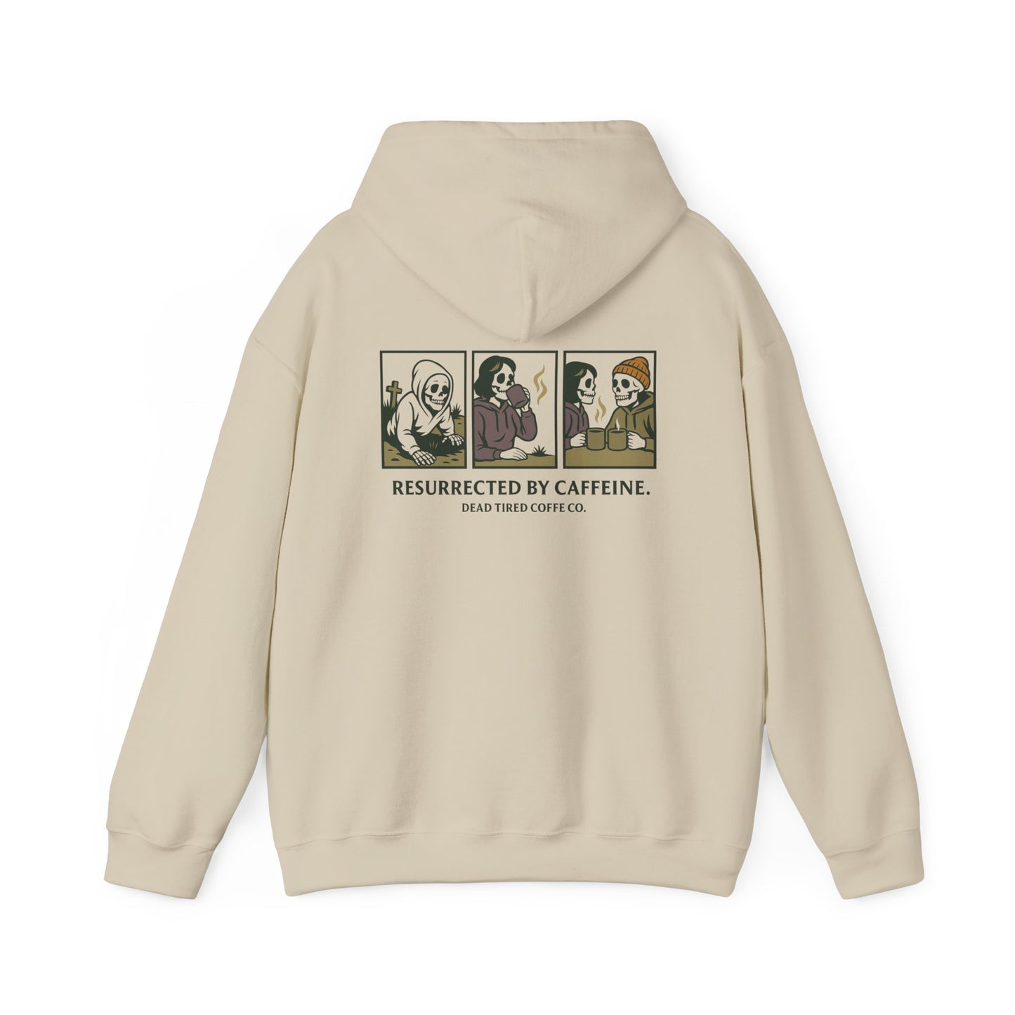 Beige hoodie with graphic design on the back on a white background