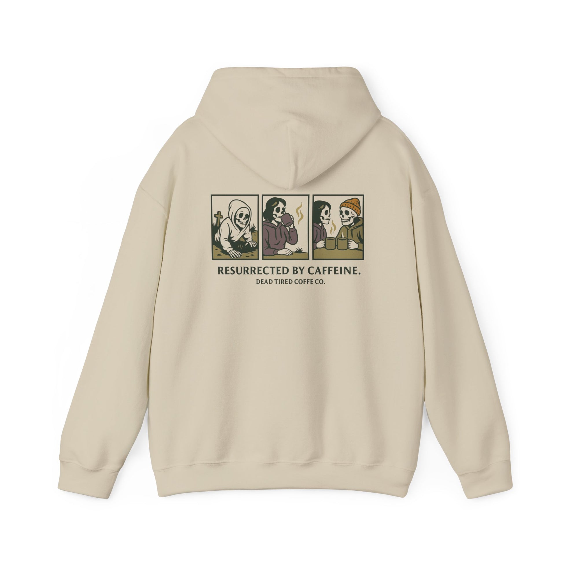 Beige hoodie with graphic design on the back on a white background
