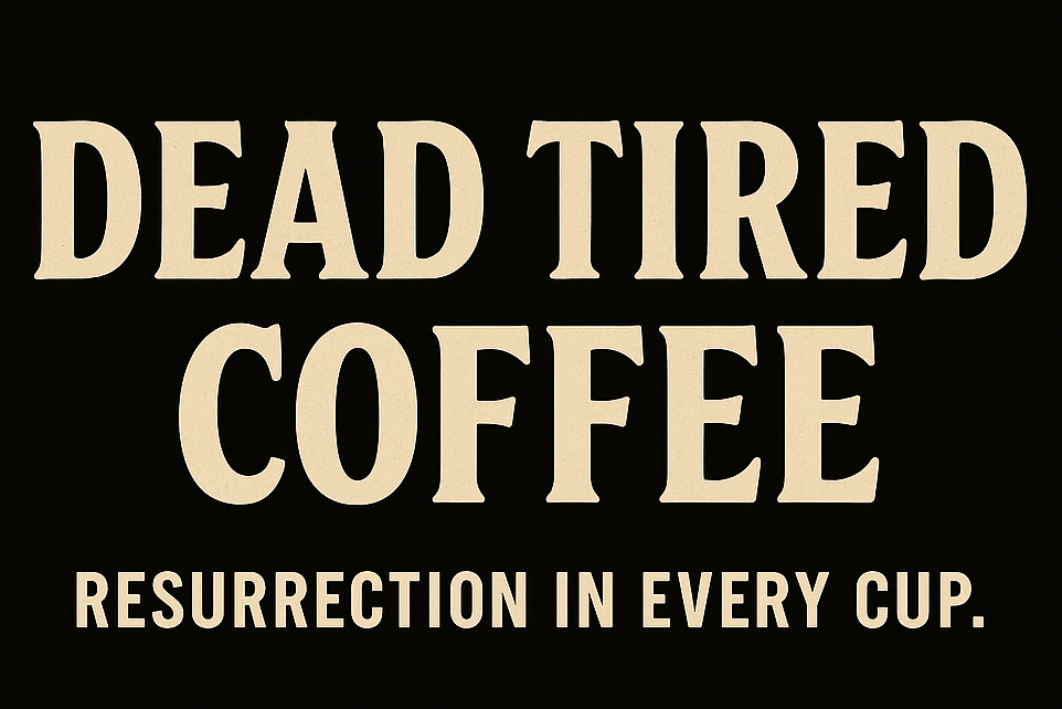 Text 'DEAD TIRED COFFEE RESURRECTION IN EVERY CUP.' on a black background
