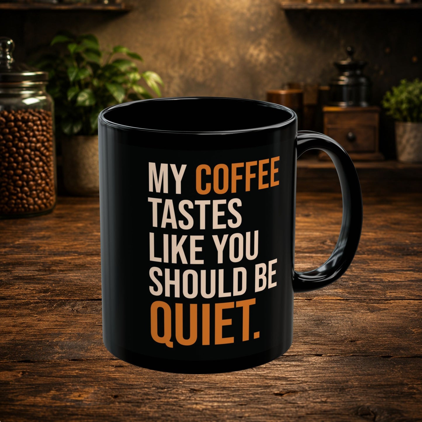 Dead Tired Coffee Co. black ceramic mug with coffee humor design