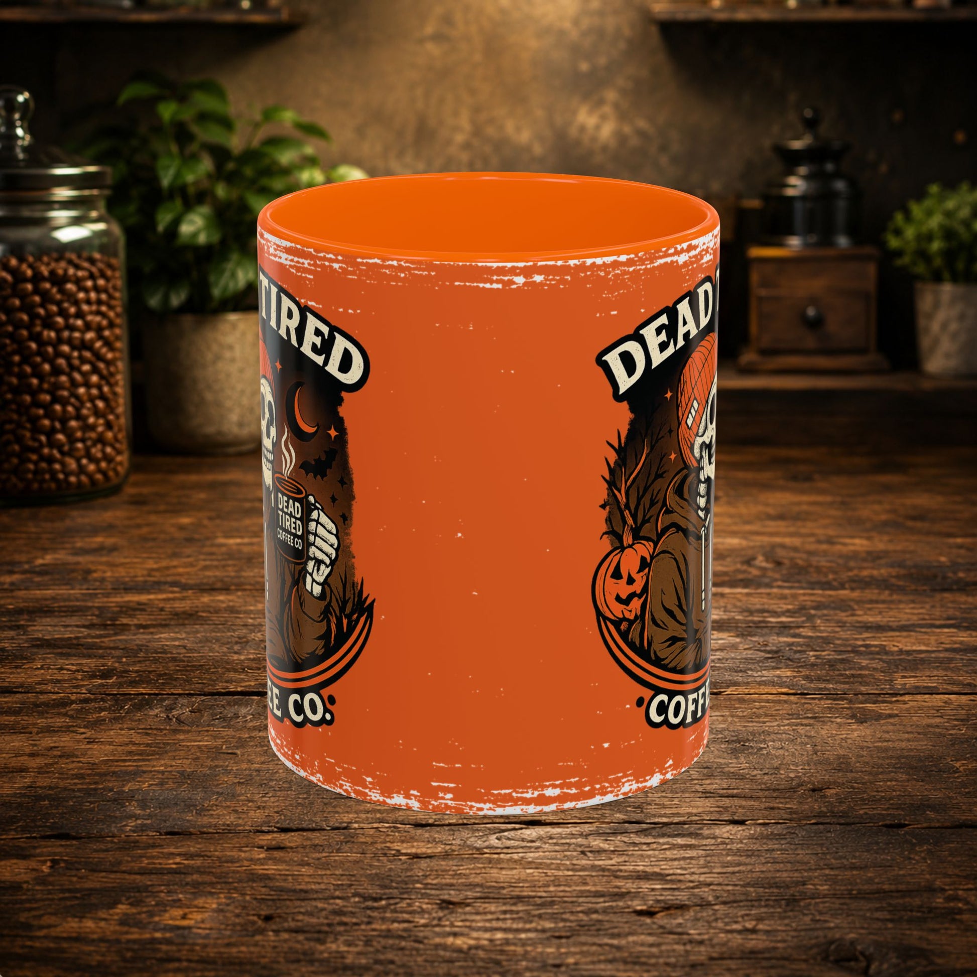 Front view of Dead Tired Skeleton Orange Accent Mug