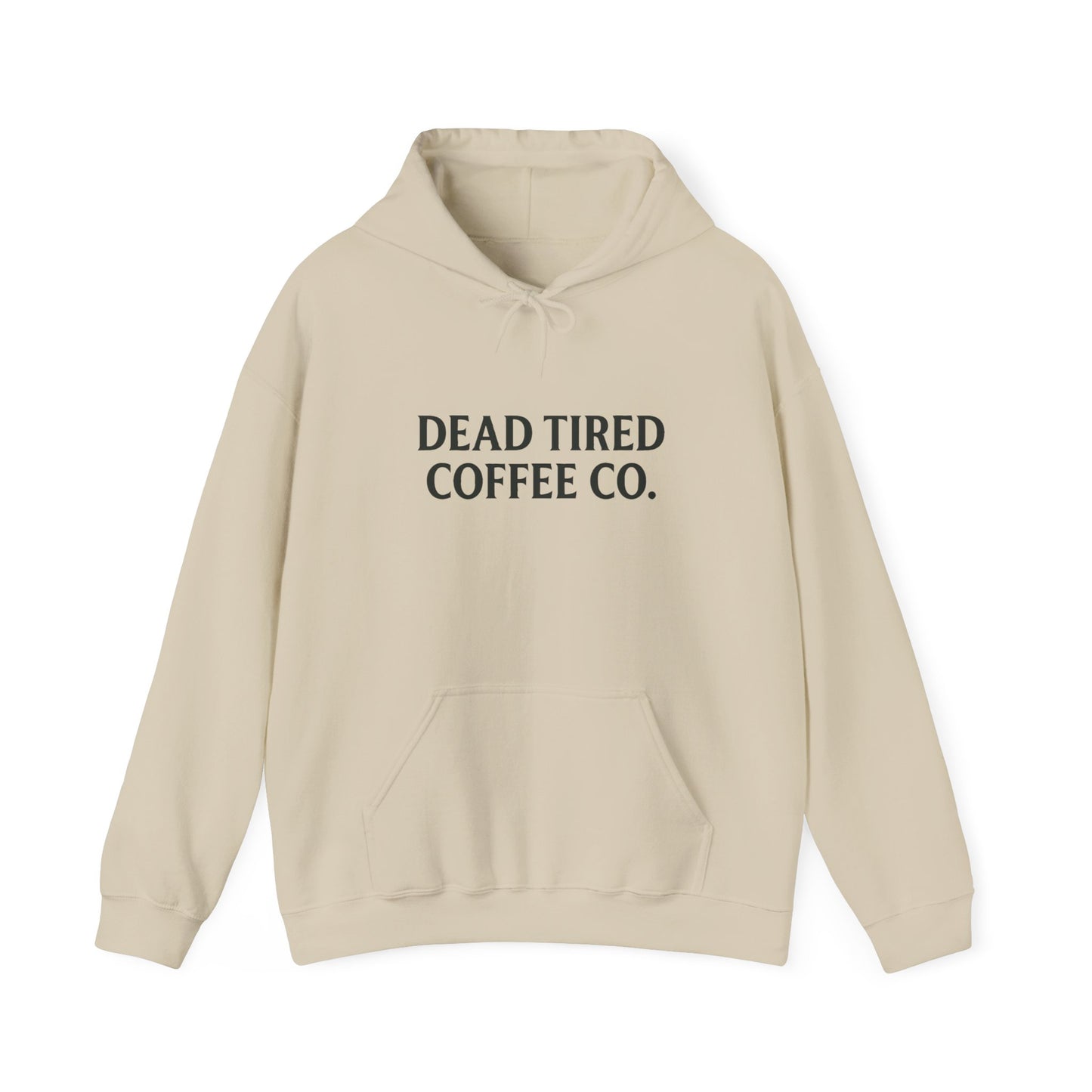 Beige hoodie with 'DEAD TIRED COFFEE CO.' text on a white background