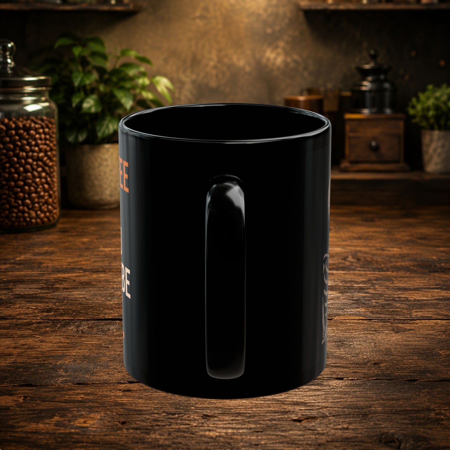 Black ceramic skeleton coffee mug viewed from the side