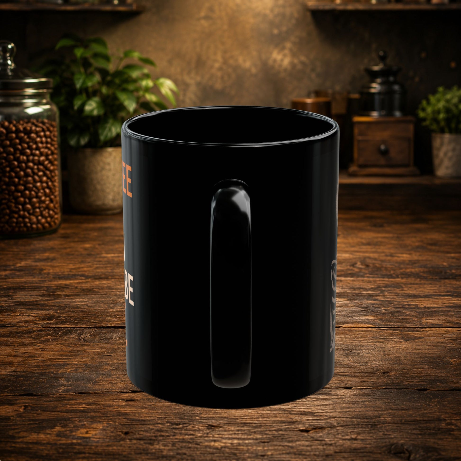 Black ceramic skeleton coffee mug viewed from the side