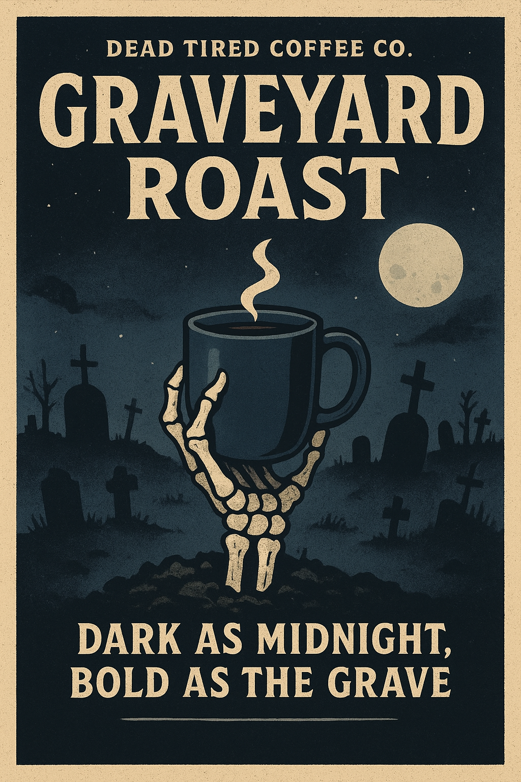 Promotional poster for Graveyard Roast coffee with a skeleton hand holding a mug in a graveyard setting.