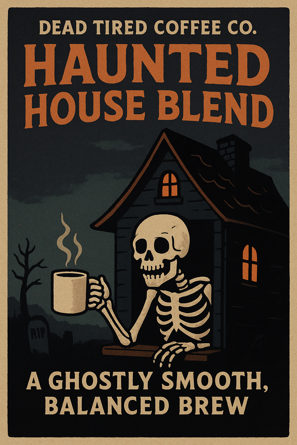 Skeletal figure holding a coffee cup with a haunted house in the background, promoting 'Haunted House Blend' coffee from Dead Tired Coffee Co.