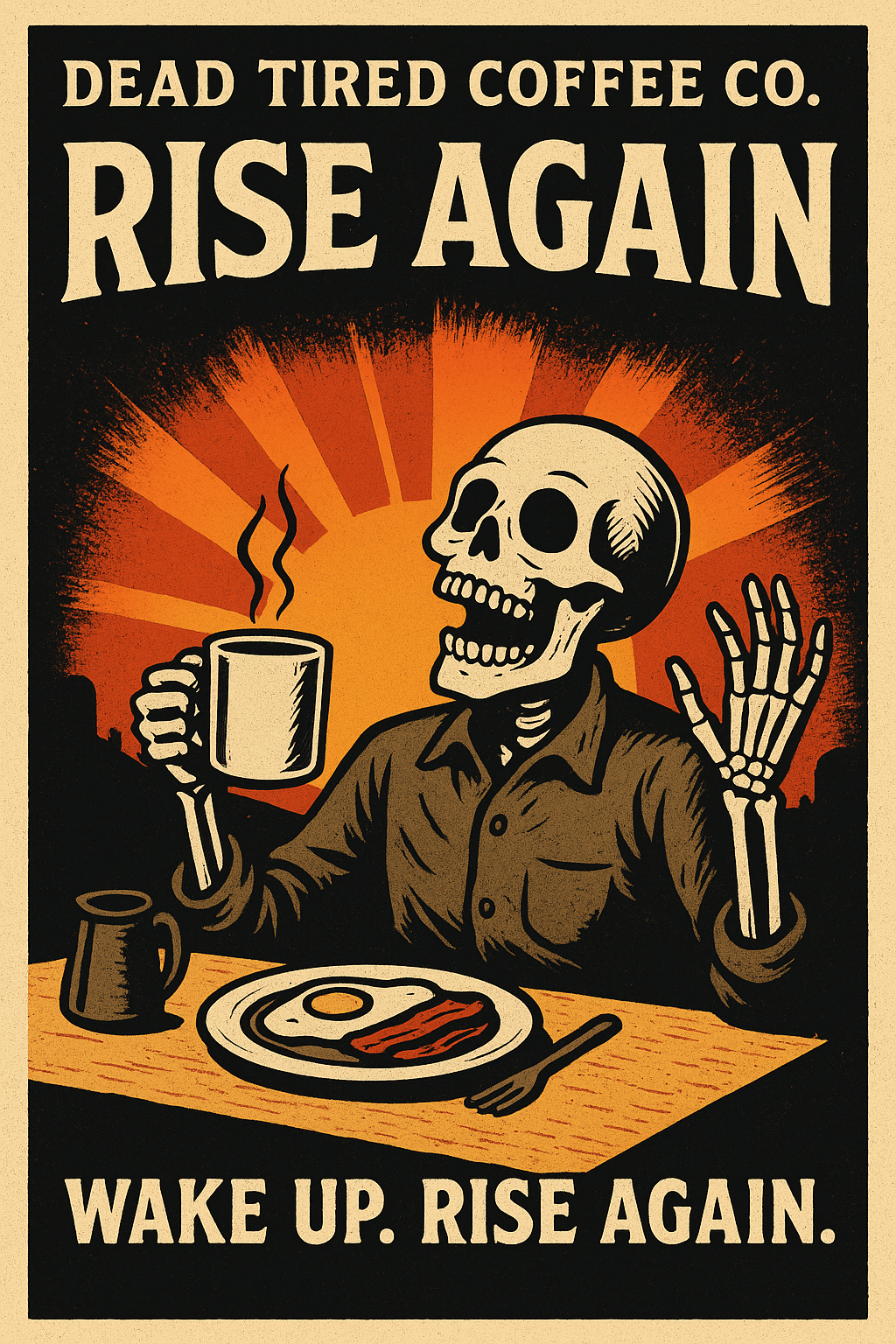 Poster of a skeleton holding a coffee cup with breakfast, promoting 'Dead Tired Coffee Co.'