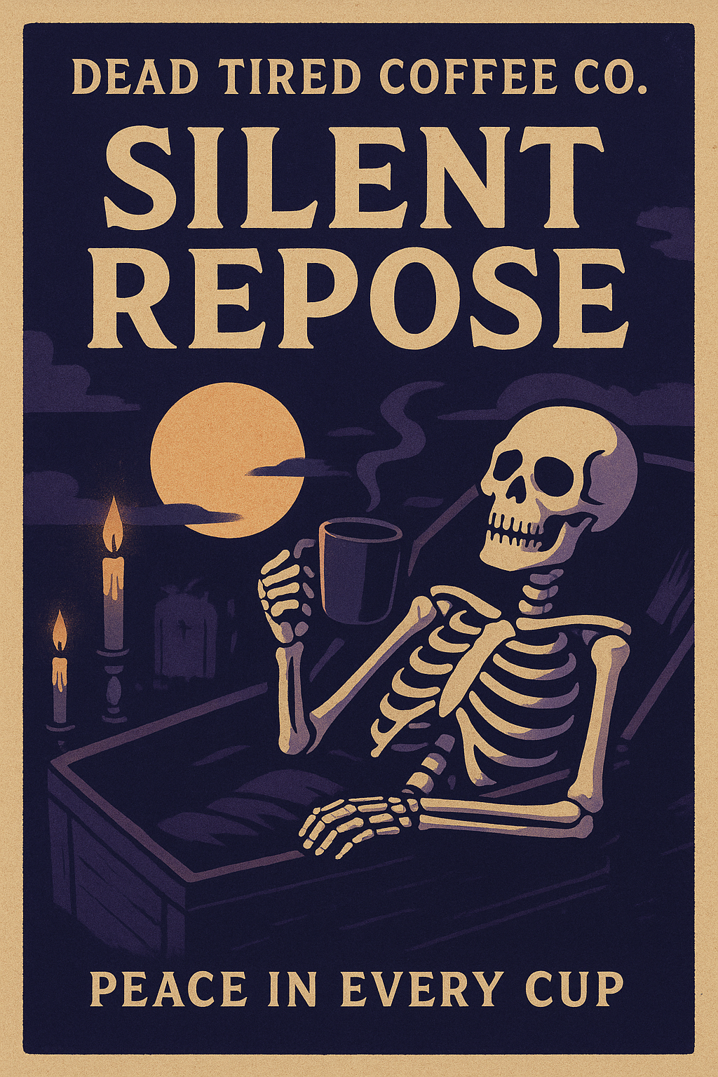 Skeletal figure holding a coffee cup with 'Dead Tired Coffee Co. Silent Repose' text on a dark background.