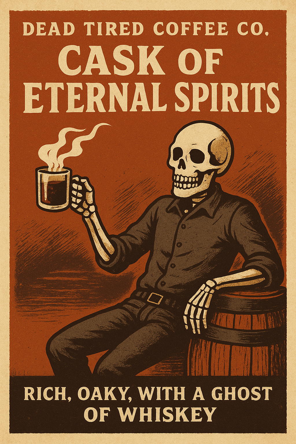 Vintage-style poster with a skeleton holding a coffee cup, sitting on a barrel, and text about 'Cask of Eternal Spirits' from Dead Tired Coffee Co.