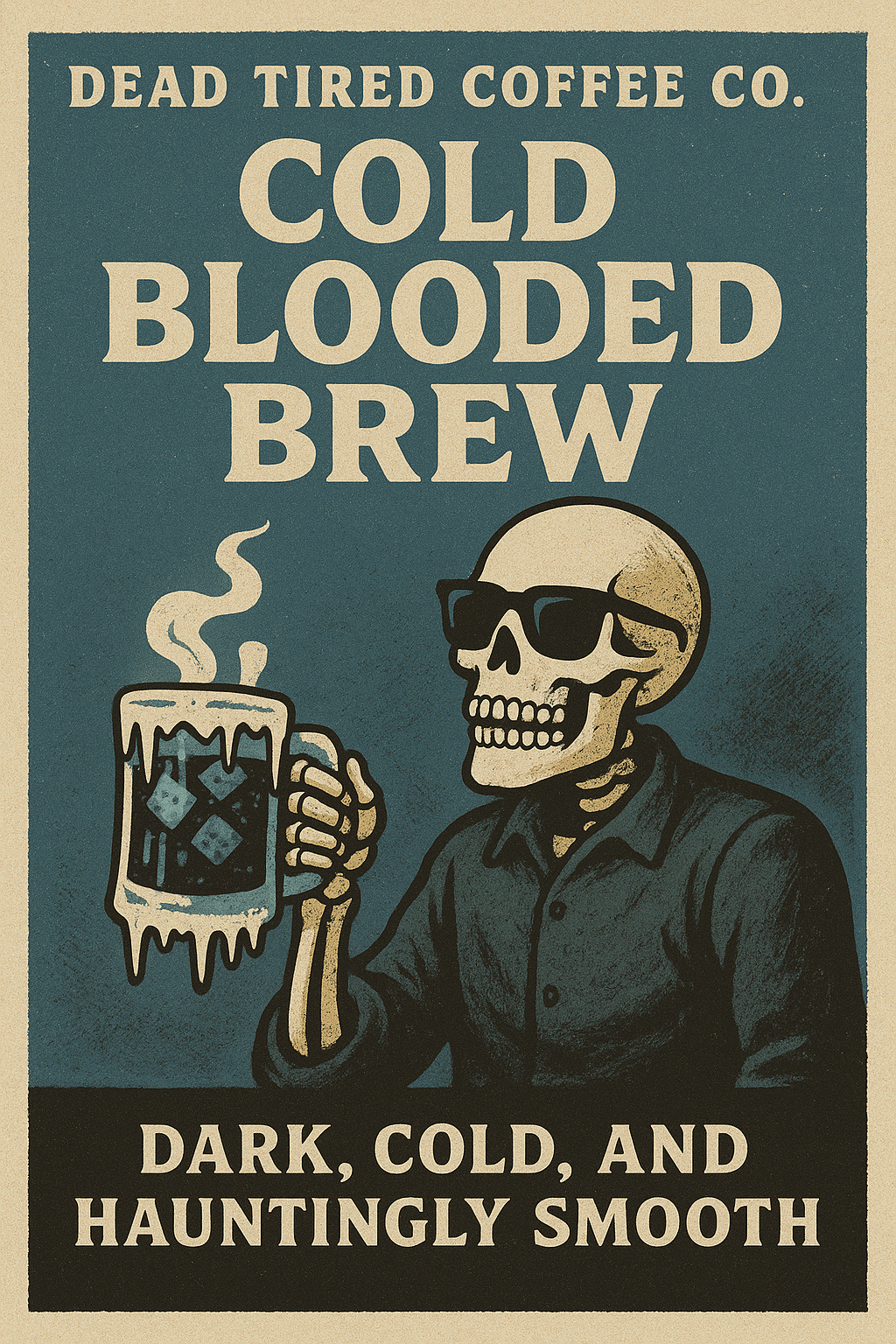 Vintage-style advertisement for 'Dead Tired Coffee Co.' with a skeleton holding a steaming mug.