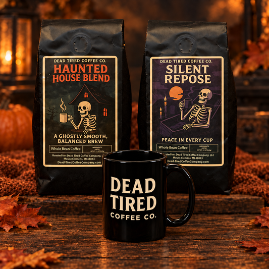 Caffeine Control Bundle with Haunted House, Silent Repose, and Dead Tired logo mug