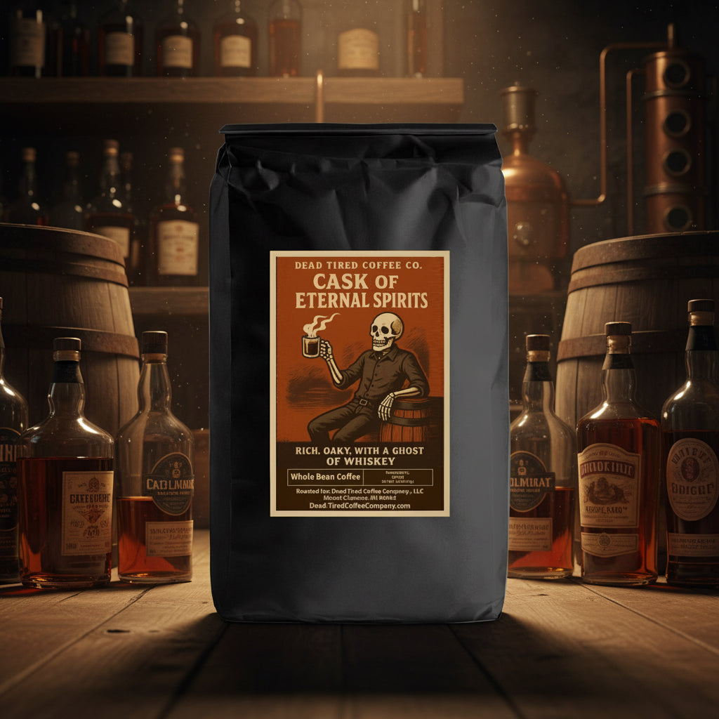 Cask of Eternal Spirits whiskey barrel aged coffee bag from Dead Tired Coffee Co.