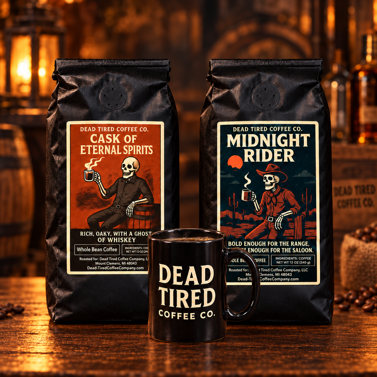 Cold Weather Duo with Cask of Eternal Spirits, Midnight Rider, and Dead Tired logo mug