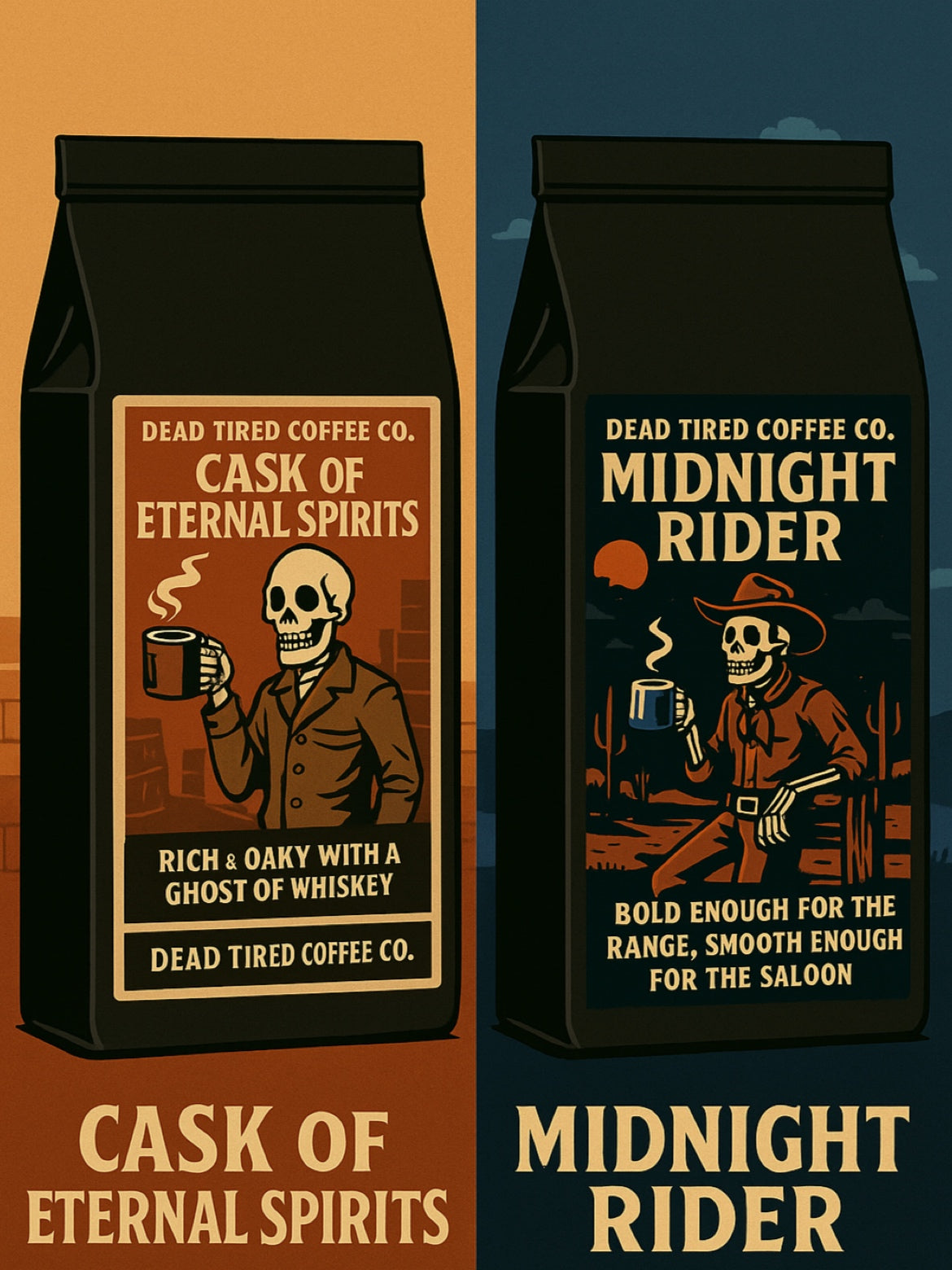 Cold Weather Duo coffee bundle with Cask of Eternal Spirits and Midnight Rider from Dead Tired Coffee Co.