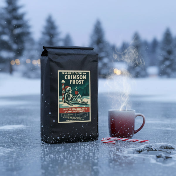 Crimson Frost candy cane flavored coffee bag from Dead Tired Coffee Co.