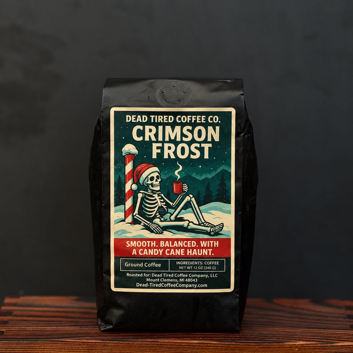 Crimson Frost candy cane flavored coffee bag from Dead Tired Coffee Co.
