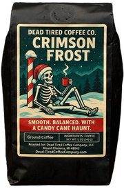 Crimson Frost candy cane flavored coffee bag with skeleton sitting in snow beside a striped pole