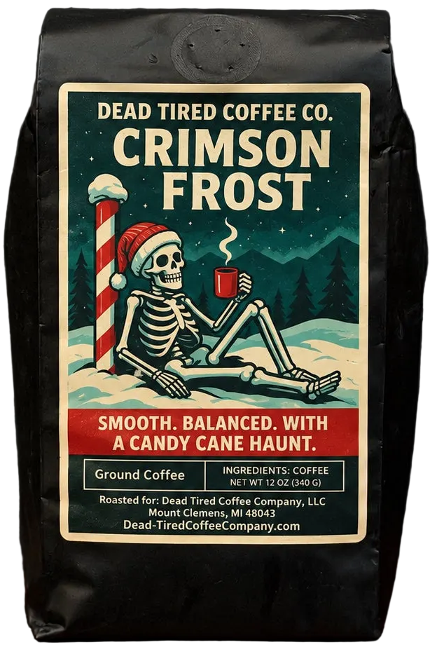 Crimson Frost candy cane flavored coffee bag with skeleton sitting in snow beside a striped pole