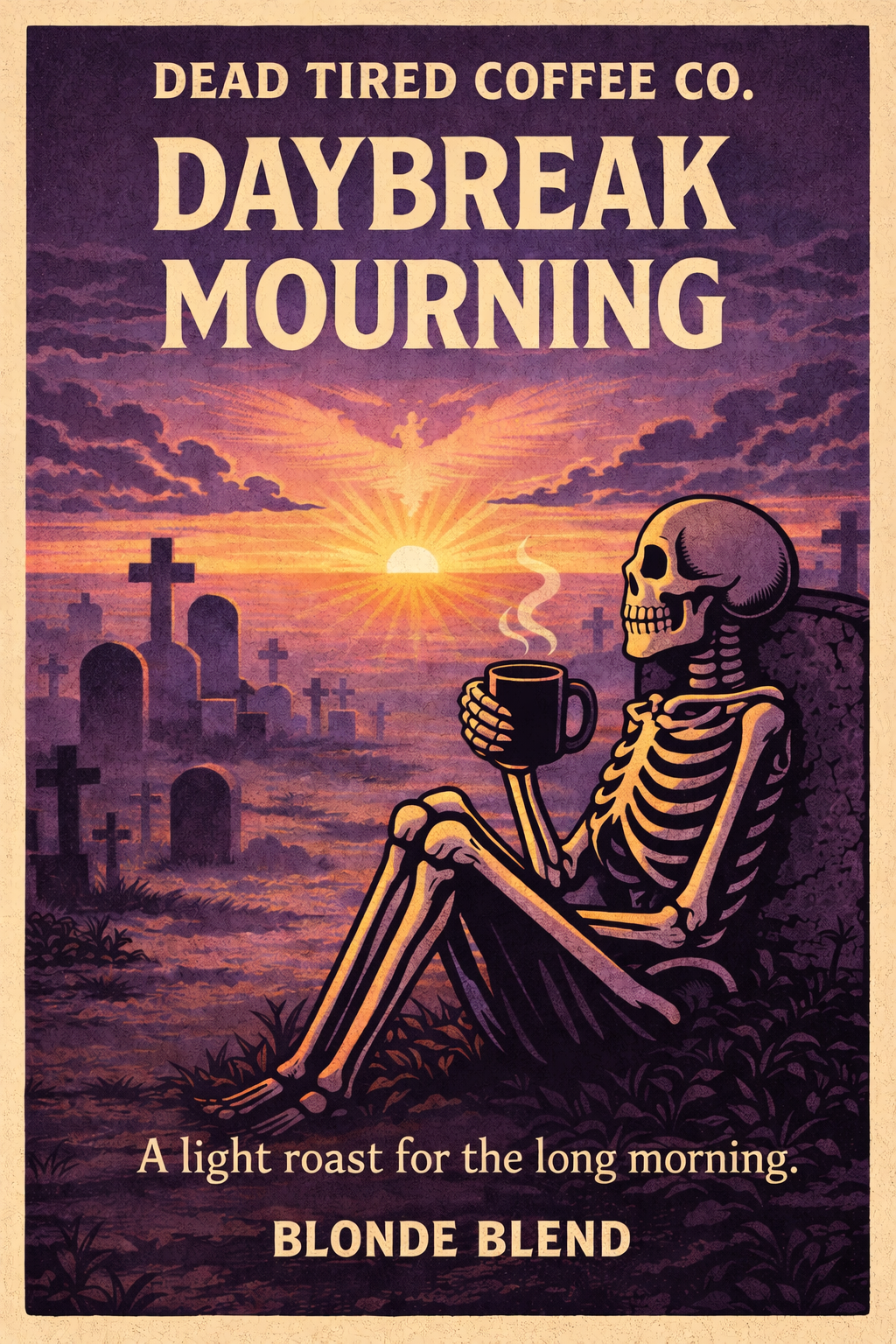Daybreak Mourning blonde roast coffee bag from Dead Tired Coffee Co.