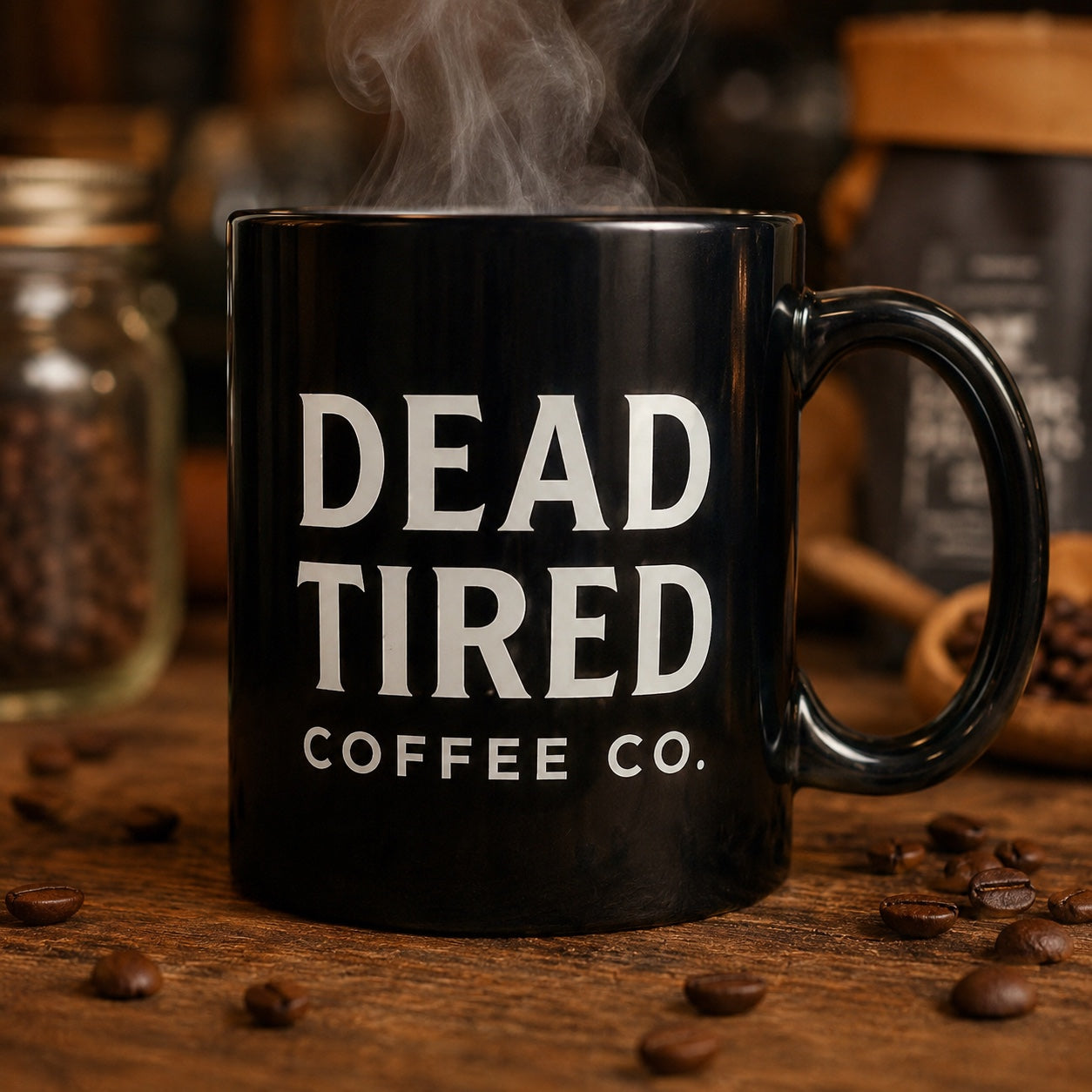 Black ceramic mug showing the Dead Tired Coffee Co. logo side