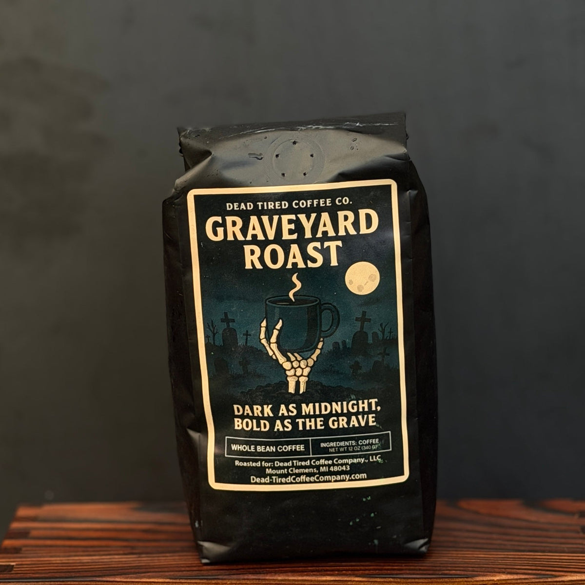 Graveyard Roast 6-bean dark roast coffee bag from Dead Tired Coffee Co.