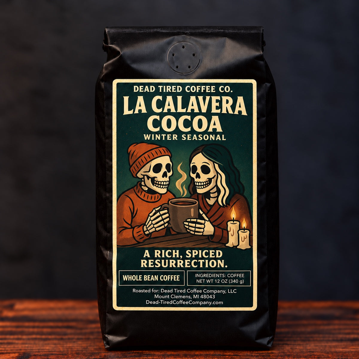 La Calavera Cocoa Mexican chocolate flavored coffee bag from Dead Tired Coffee Co.