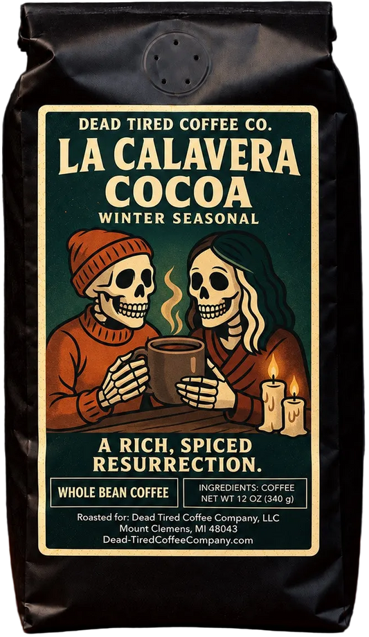 La Calavera Cocoa Mexican chocolate flavored coffee bag with two winter skeletons sharing a mug