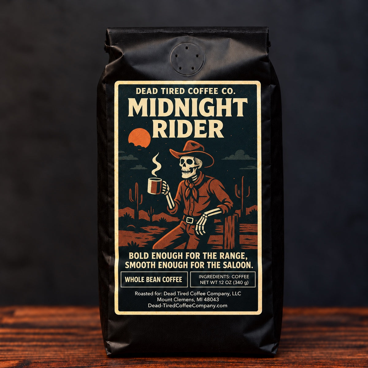 Midnight Rider medium-dark coffee bag from Dead Tired Coffee Co.