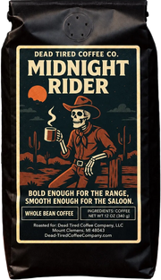 Midnight Rider medium-dark coffee bag with cowboy skeleton and desert moon illustration