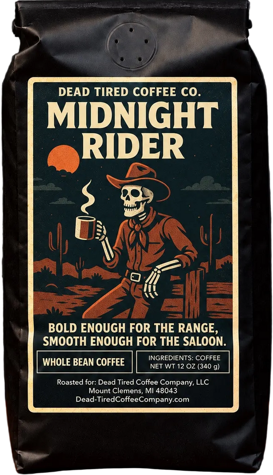 Midnight Rider medium-dark coffee bag with cowboy skeleton and desert moon illustration
