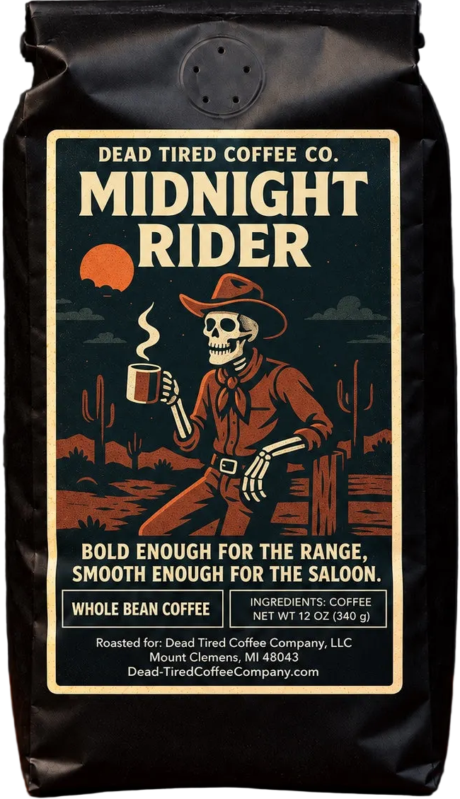 Midnight Rider medium-dark coffee bag with cowboy skeleton and desert moon illustration