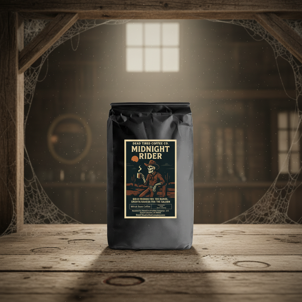 Midnight Rider medium-dark low acidity coffee bag from Dead Tired Coffee Co.