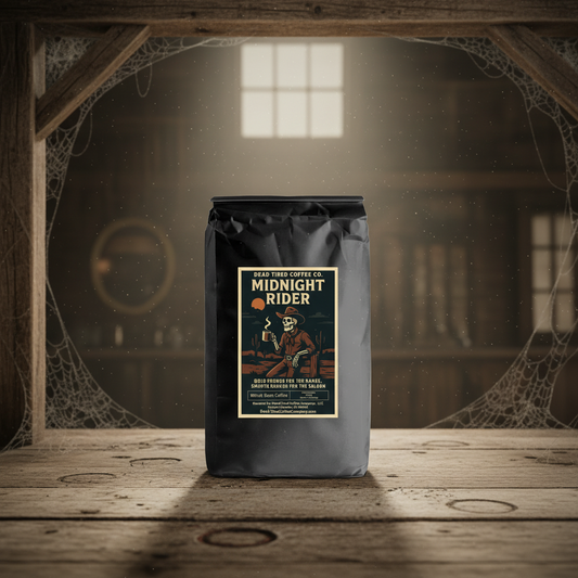 Midnight Rider medium-dark low acidity coffee bag from Dead Tired Coffee Co.