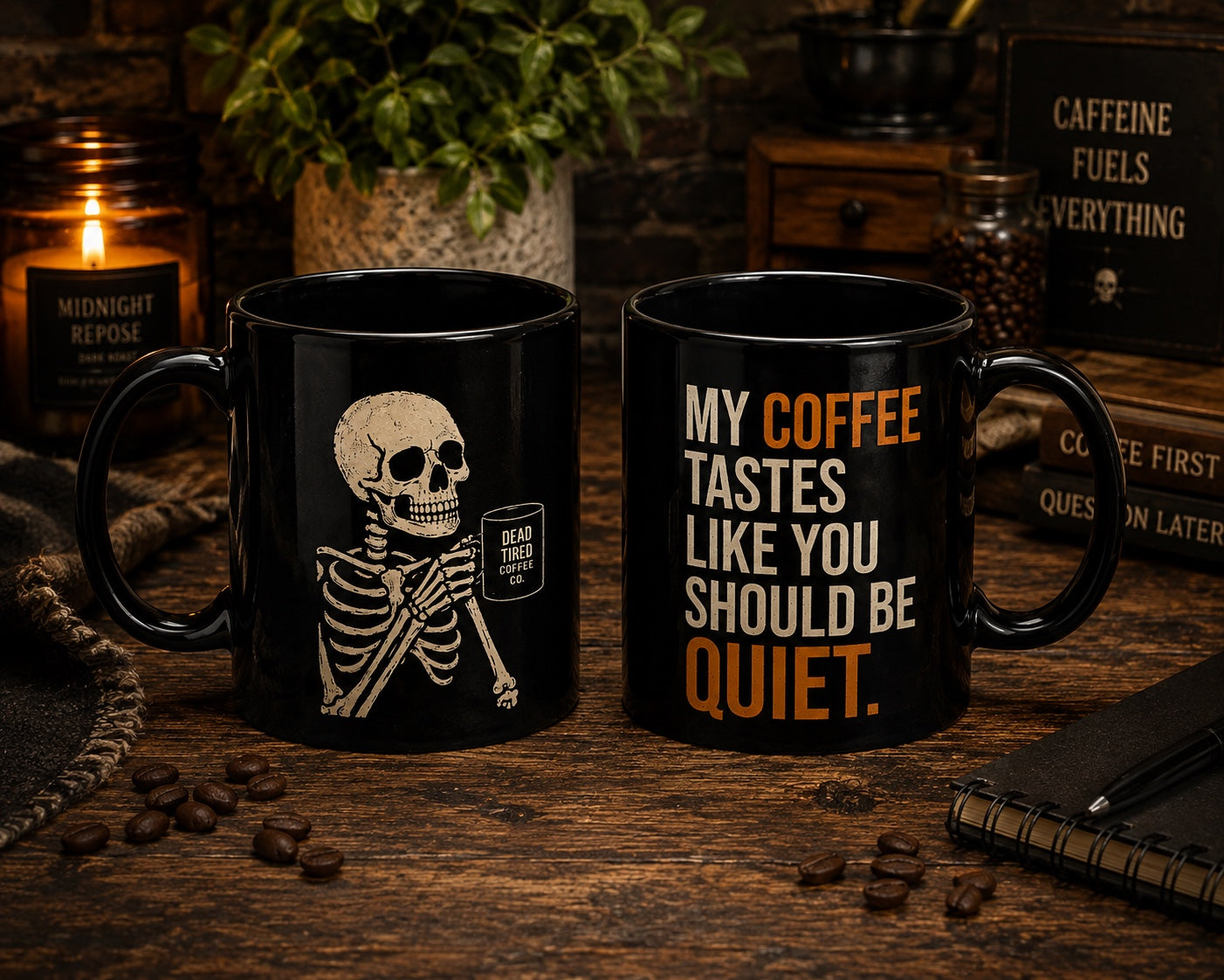 My Coffee Tastes Like You Should Be Quiet black ceramic mug with skeleton design
