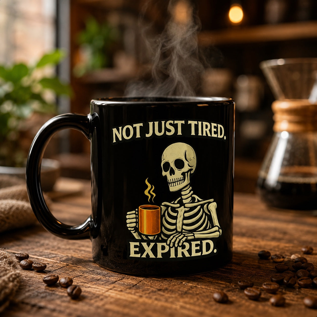 Black Not Just Tired Expired skeleton coffee mug in a warm coffee setting