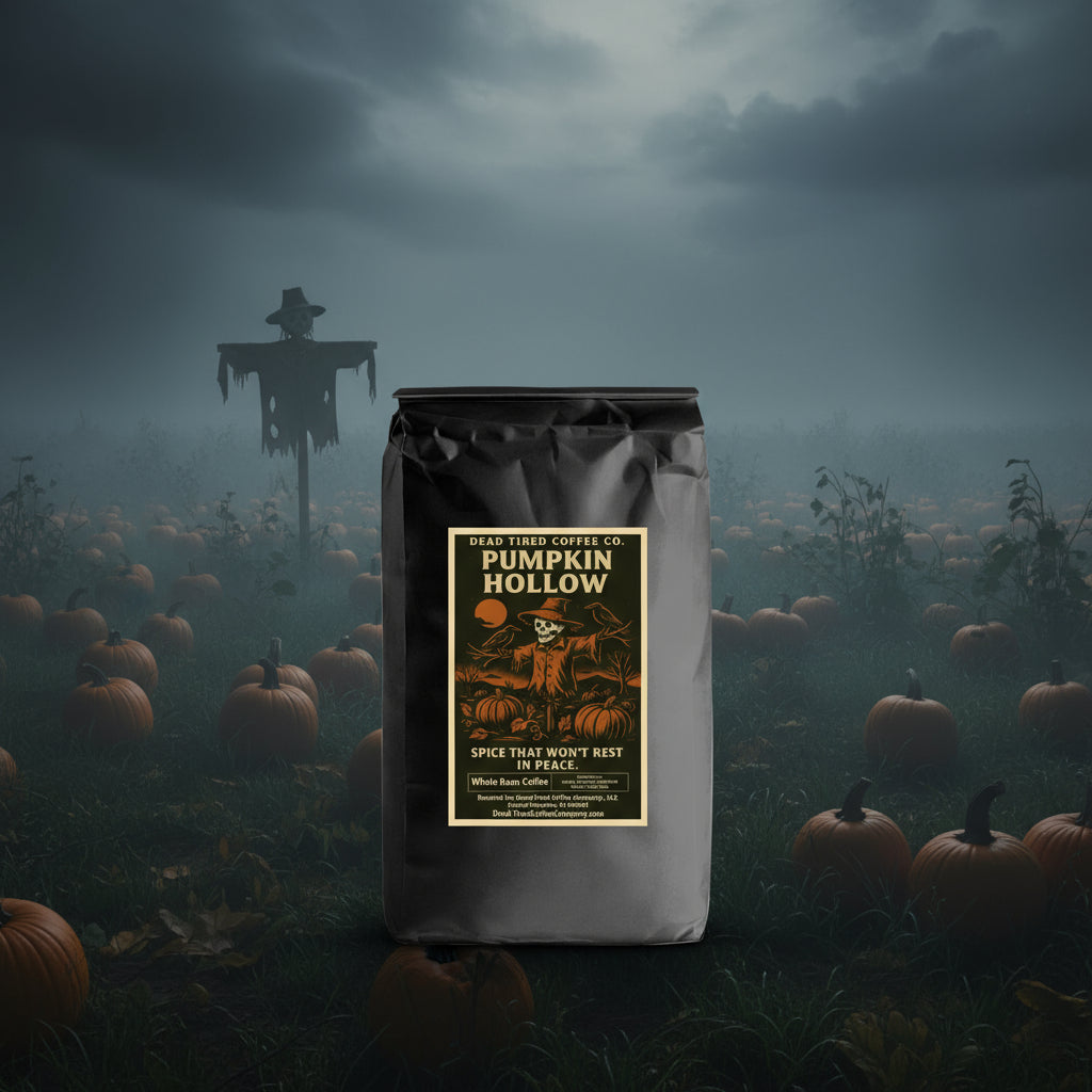 Pumpkin Hollow pumpkin spice coffee bag from Dead Tired Coffee Co.