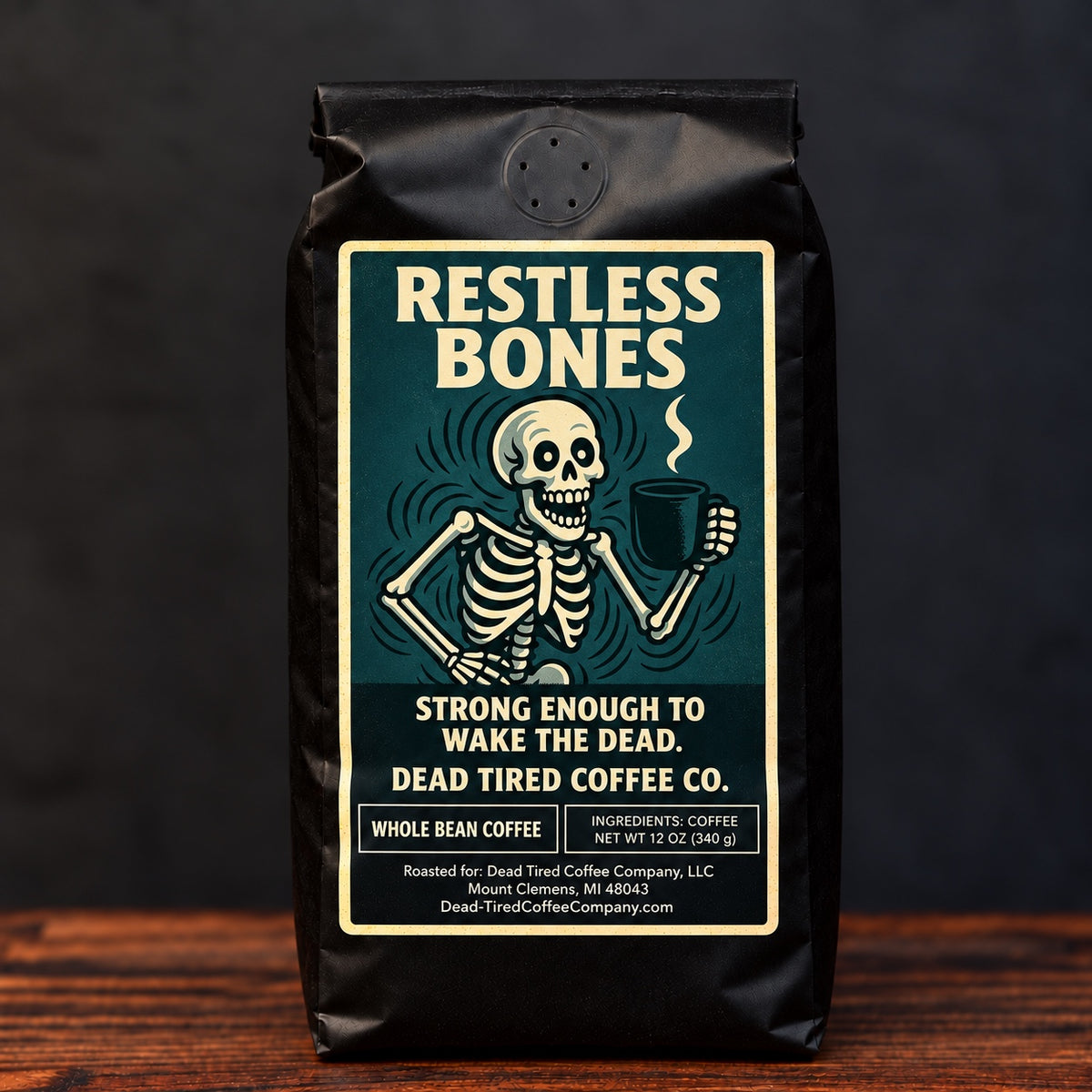 Restless Bones max-caffeine coffee bag from Dead Tired Coffee Co.